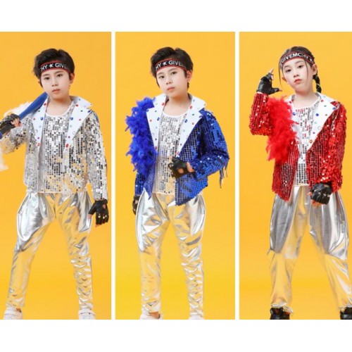 Children's Blue silver Red sequins jazz dance costumes boys and girls drums rapper hiphop street dance outfits gogo dancers Outfits walk long-sleeved performance clothing